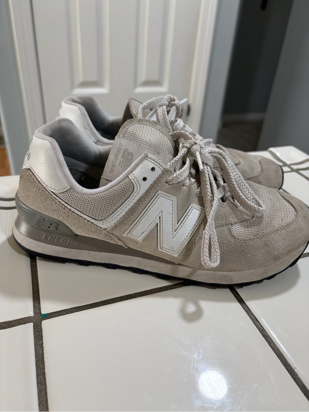 New Balance Women Taupe Gray Suede Mesh Sneakers